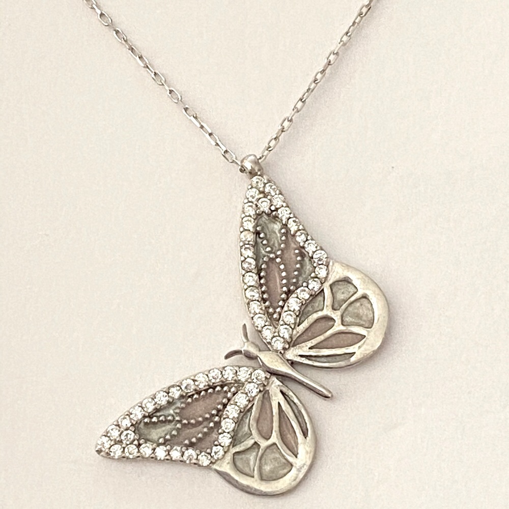 925 Silver butterfly necklace cz stones and pink white handmade enamel